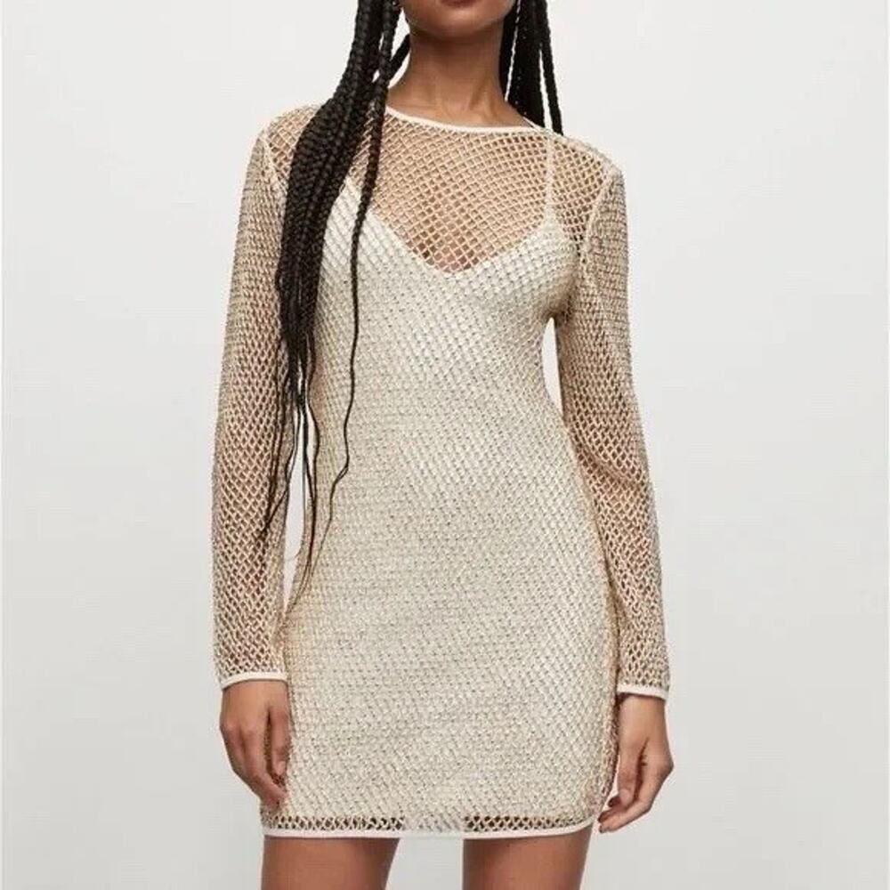 NWT AllSaints Rosalie Beaded Macrame Mini Dress White Long Sleeve US 12